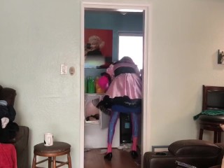 Good sissy maid doing the chores while mistress is out and about 