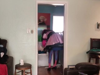 Good sissy maid doing the chores while mistress is out and about 