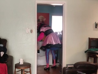 Good sissy maid doing the chores while mistress is out and about 