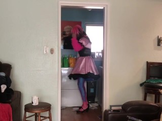 Good sissy maid doing the chores while mistress is out and about 