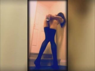 Slim crossdresser takes 13 inch long dildo wearing stockings in bathroom