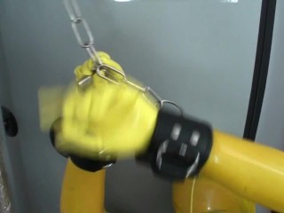 Girl Full Encased In Yellow Latex Catsuit + Fishnets Makes Self Bondage