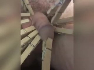 Femdom uses clothespins to torture slaves Cock and Balls