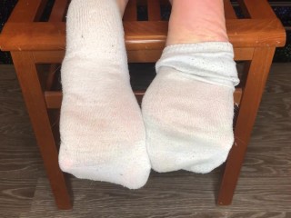 School girl in dirty white socks show stinky foot sniffing pov