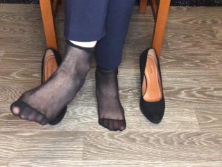 kelly_feet office secretary in black nylon stockings after work shoes 