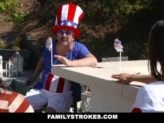 Family Strokes - Lucky Guy Fucks Stepmom and Stepsis During Independence Day Celebration