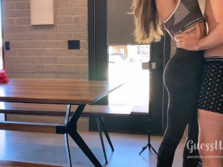 Fucked on a table! Intense sex after workout, loud moaning orgasm, creampie