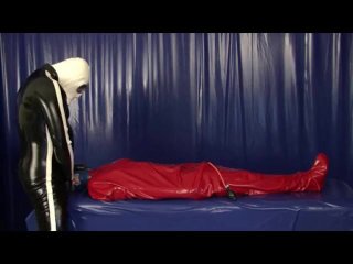 Rubber Girl In Latex Bondage Bag With Sheet Mask Breathplay Blowjob