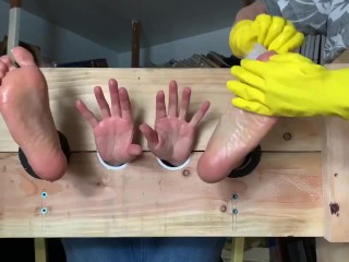 Scrub those feet and hands tickle torture 