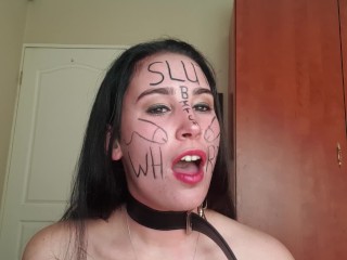 Self degrading slut gags herself and self face slapping with dirty talk