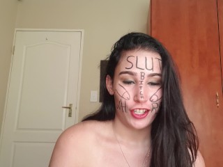 Self degrading slut gags herself and self face slapping with dirty talk
