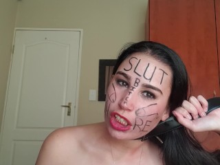 Self degrading slut gags herself and self face slapping with dirty talk