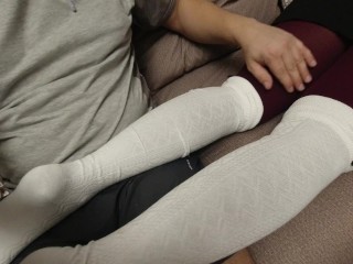 Sexy girl shows her feet in pantyhose and golf knee socks soles foot fetish