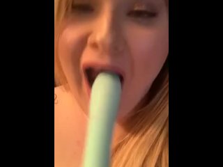 Blonde girl sucking dildo like cock 