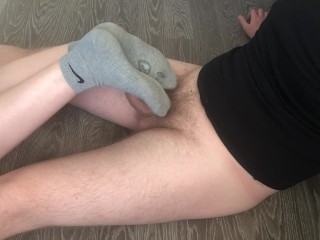 teen footjob & sockjob with gray nike socks after training cumshot