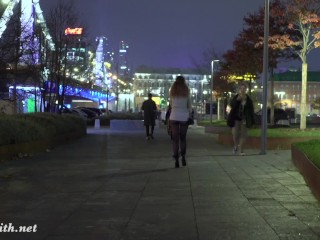 Deep Evening - Russian Jeny Smith walks in public in transparent pantyhose without panties