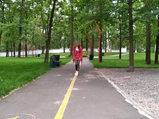 Sluty teen girl  walks in the park in a micro dress without panties (upskirt, no panties, stockings)