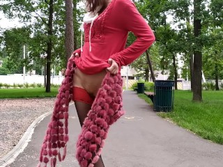 Sluty teen girl  walks in the park in a micro dress without panties (upskirt, no panties, stockings)