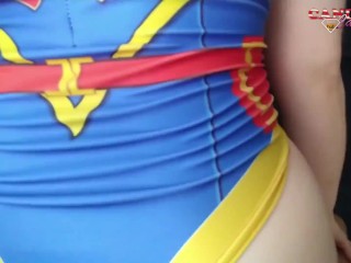 Amateur Captain Marvel amazingly sucks the cock, and ends with cum in her tight pussy