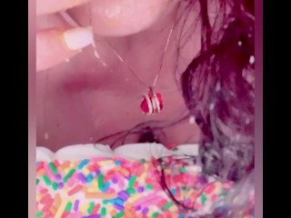 Birthday cake and champagne bottle smashed, sucked, and fucked.