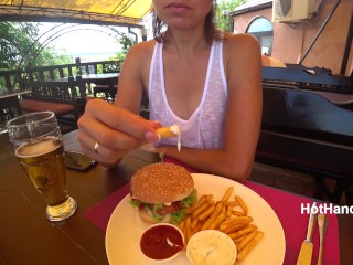 Eating burger and flashing in the cafe Transparent T-shirt No Bra (teaser) v2