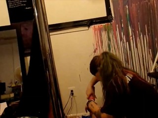 SFW Bra & Booty shorts Painting My Webcamming Wall! Pour Paints Acrylic & Silicone Time Lapse Video