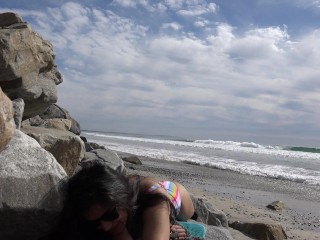 At the beach on Labor Day Weekend. Pacific Ocean. Viva Athena in a bikini