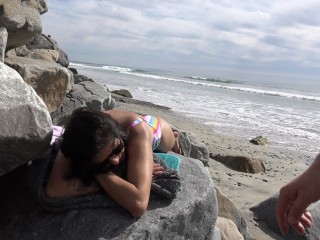 At the beach on Labor Day Weekend. Pacific Ocean. Viva Athena in a bikini