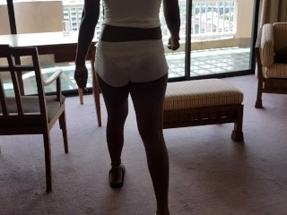 Thick Booty Hot Latina in Seethrough Micro Shorts - Hotel Balcony