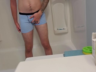 Desperate Young Man Boxer Pissing in Shower