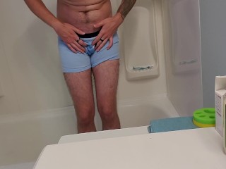 Desperate Young Man Boxer Pissing in Shower