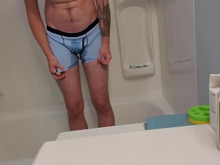 Desperate Young Man Boxer Pissing in Shower