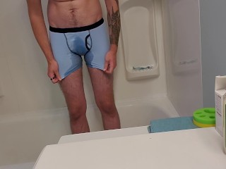 Desperate Young Man Boxer Pissing in Shower