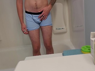 Desperate Young Man Boxer Pissing in Shower