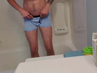 Desperate Young Man Boxer Pissing in Shower