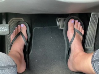 Cute Feet Driving in Flip Flop Sandals Pedal Pumping