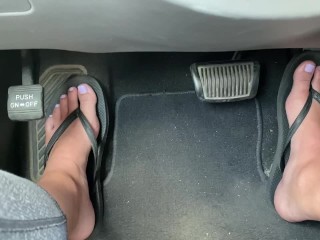 Cute Feet Driving in Flip Flop Sandals Pedal Pumping