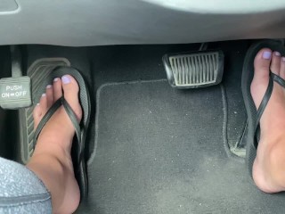 Cute Feet Driving in Flip Flop Sandals Pedal Pumping