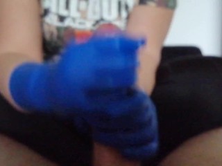 Gaming Friend got a handjob with my new blue latex gloves