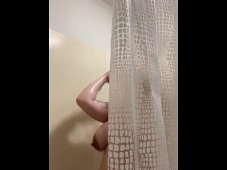 Milky mama rubs engorged tits in shower trying to get relief with leaky tits 