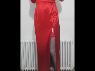 Crossdresser cums in red satin dress and lingerie