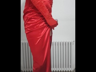 Crossdresser cums in red satin dress and lingerie