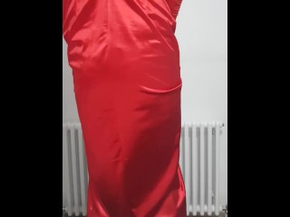 Crossdresser cums in red satin dress and lingerie