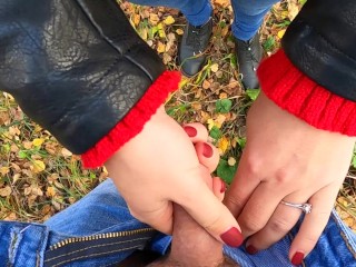 Caught while Finish me Off! Risky Public Handjob by Cute Teen in Forest