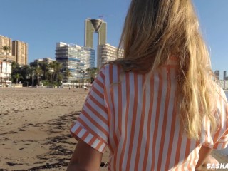 Wet shoot on a public beach with Crazy Model. Risky outdoor masturbation. Foot fetish. Pee in jeans