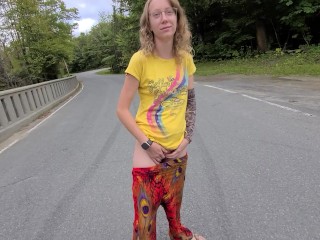 Hot 19 Year old Blonde Teen Sarah Evans Plays with her Pussy in the Middle of the Road.