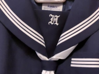 紺セーラーに手コキ服射 cum onto sailor school uniform