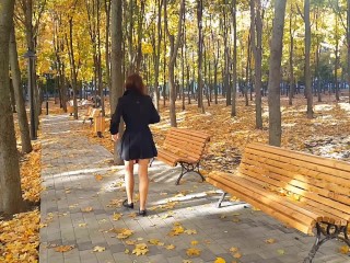 Warm Autumn- NO PANTIES # Up Coat NO PANTIES in Public Park