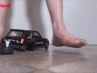 The miniature collector car Renault 5 Turbo is destroyed by a cruel french woman