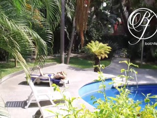 Spying my sexy MILF neighbor by the pool, voyeur fetish